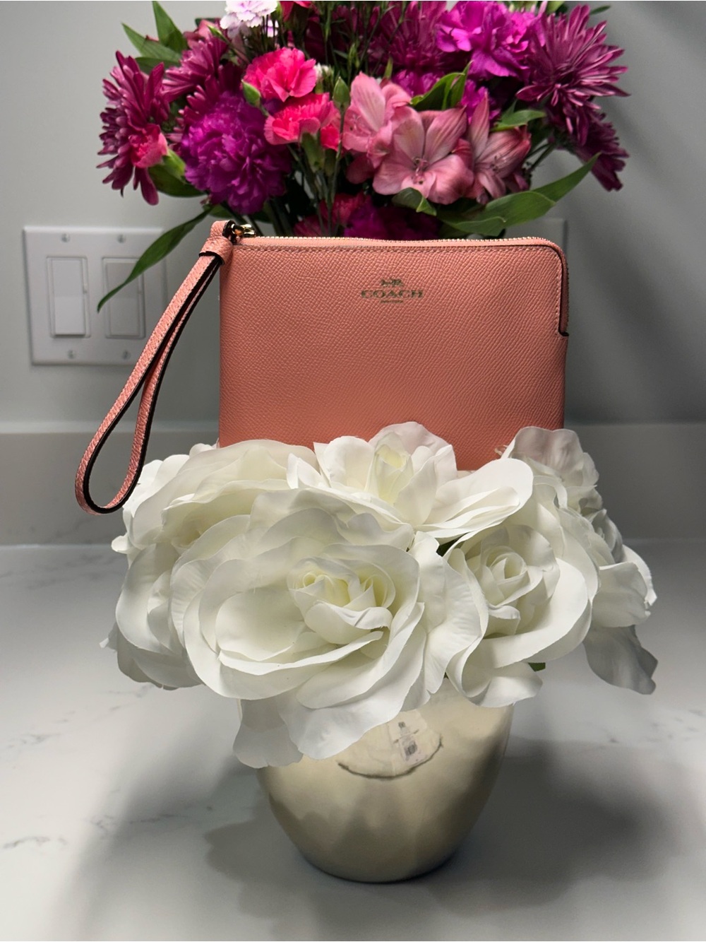 Coach Coral Pink Pebbled Leather Wristlet Clutch NWT + Dust Bag